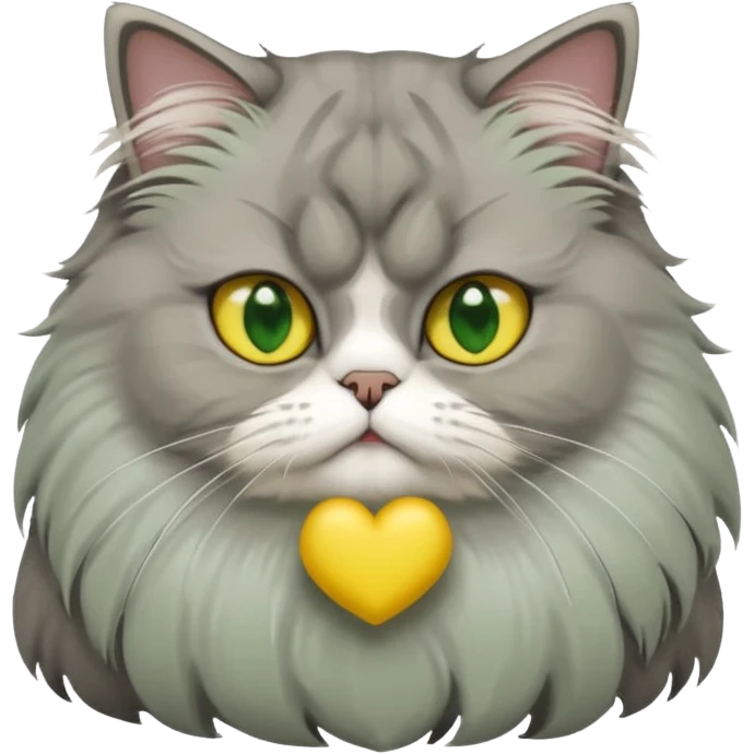 Persian cat with long gray fur, white patch on forehead, white chest, big cute yellow-green eyes, crouching position, emoji style emoji