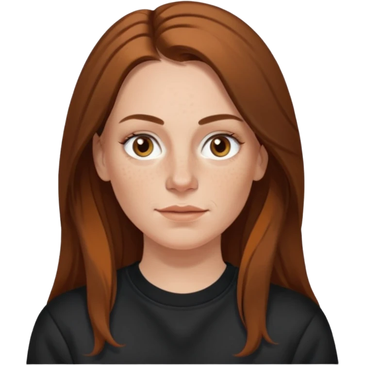 A 38 year old white woman with long brunette hair parted in the middle. She has a nose ring. She has brown eyes. She has freckles and is wearing a black sweatshirt emoji