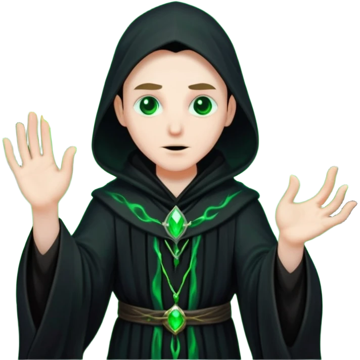 A dark sorcerer in flowing black robes, conjuring eerie green flames emoji
