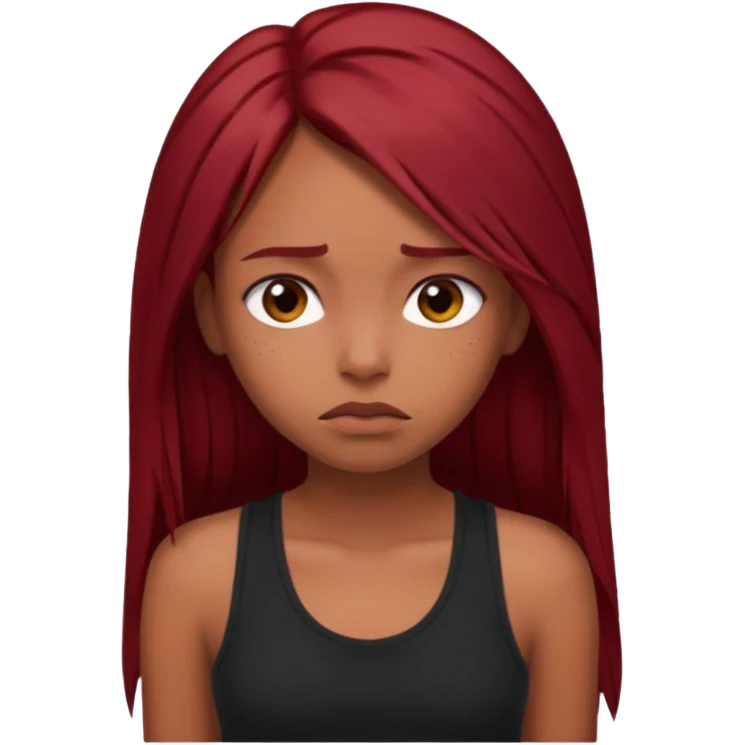 a brown girl with straight long dark red hair, black tank top, . Looking sad emoji