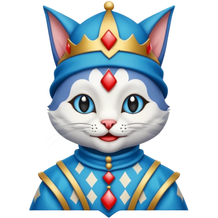 crazy colorful cute little cat jolly joker from poker, medieval, vintage, court jester, mac os icon, blue color, half body emoji