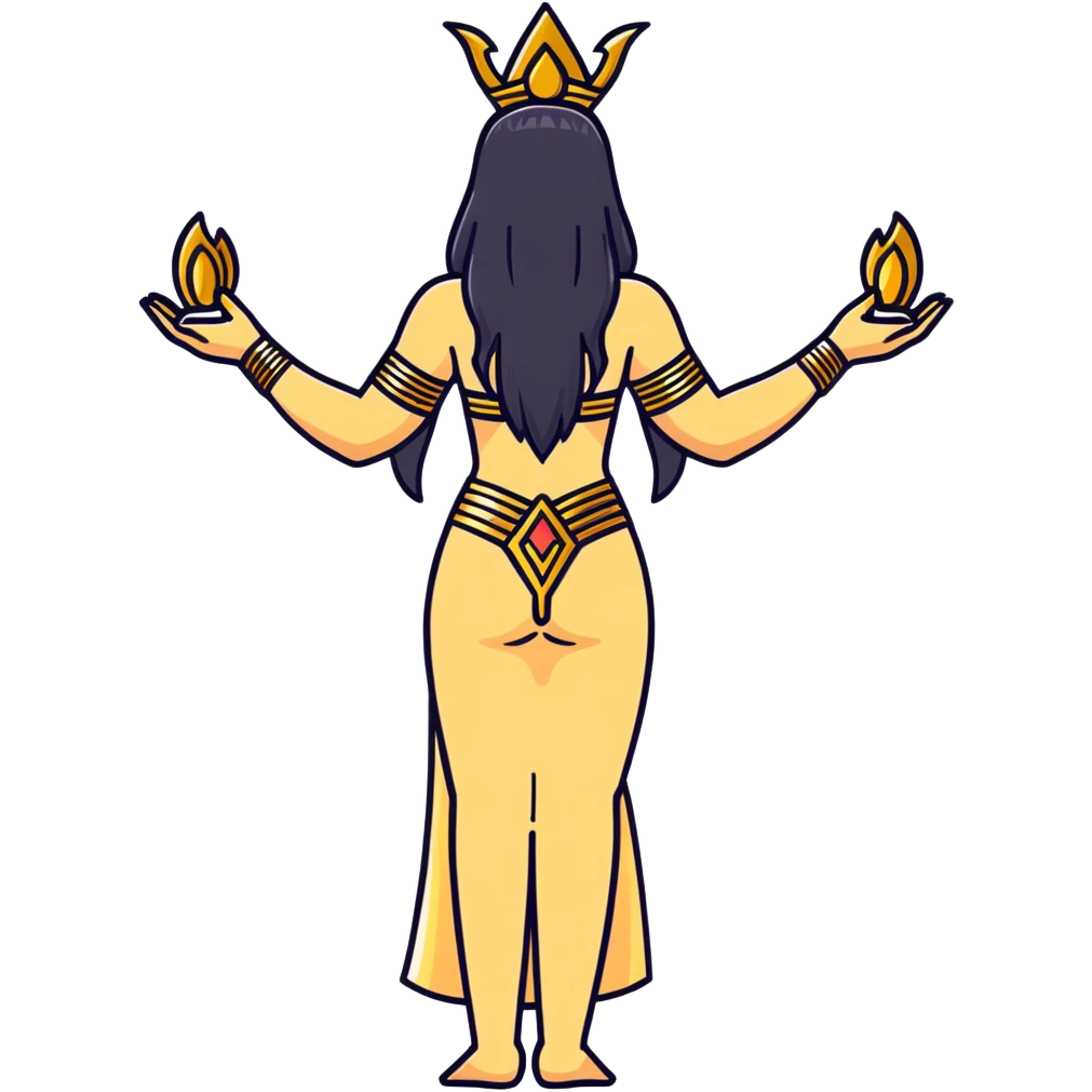 fullbody back view of Anunnaki goddess Inanna with long flowing black hair, Mesopotamian star symbols, exposed naked back, simple gold cuffs on wrists and feet, arms relaxed downward, rich dark brown skin emoji