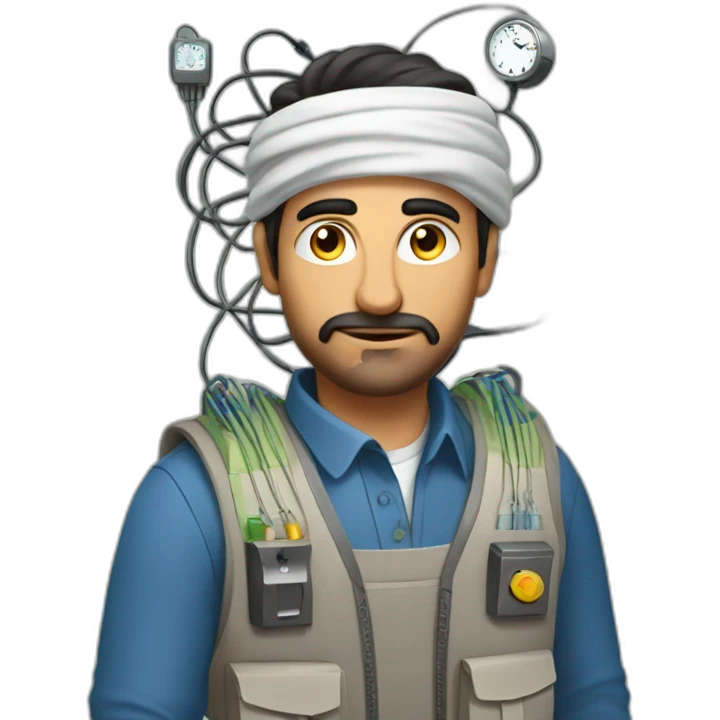 arab man in large bulky vest with many pockets and electrical wires and an analog clock emoji
