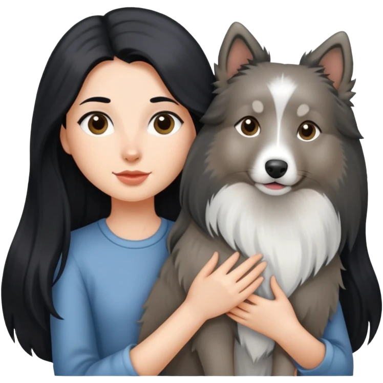 A girl with long black hair holding a gray Shetland Sheepdog emoji