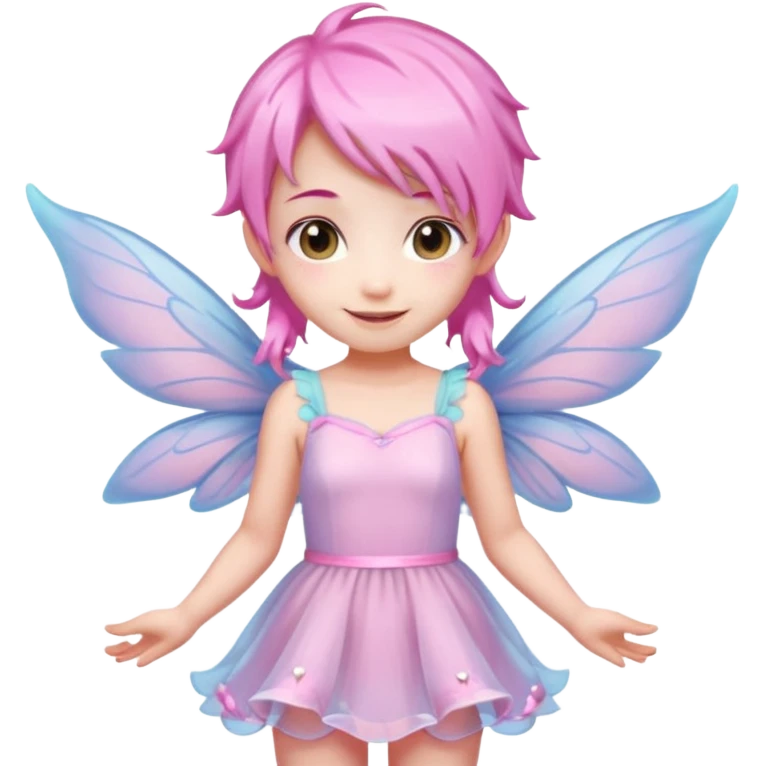 A tiny pastel fairy with pink hair with glowing wings and a sweet smile  emoji