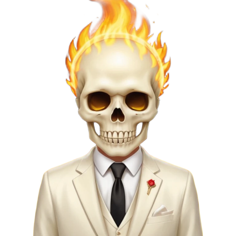 cinematic - aesthetic shiny glowing divine lighting - Megadeth icon - a politician in an ivory ethereal suit wears a white tie, has a skull instead of a head, and instead of glasses, burns in fire emoji