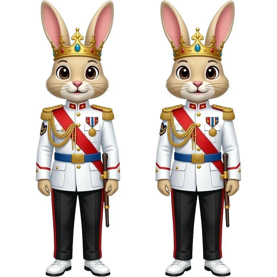 Cream the rabbit and vanilla the rabbit are same wearing gold tiara white military tunic arm badge shoulder cord medal red sash blue belt black trouser with both side red stripe white shoes and they both reached at Kurukshetra Haryana indian war that means righteous place emoji