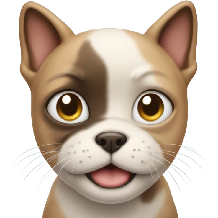 Happy puppy with a grumpy cat on its head emoji