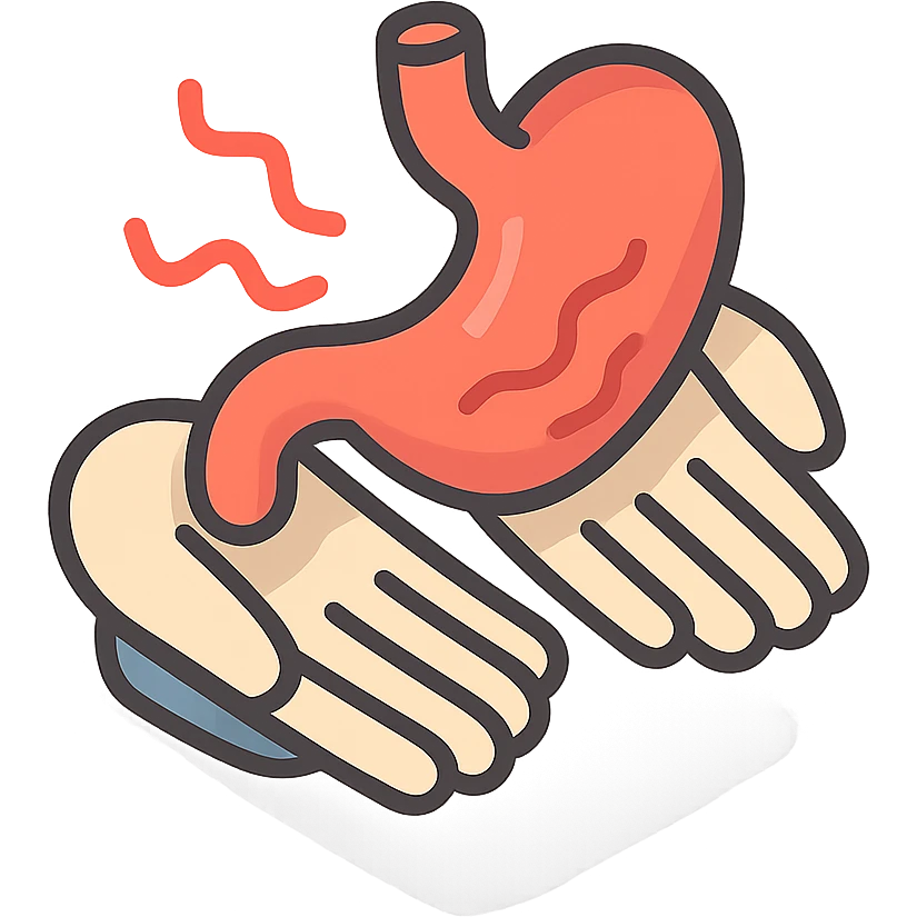painful stomach, stomach and hands with waves of pain, 2d isometric style, shadows and highlights, no face or legs, transparent background emoji