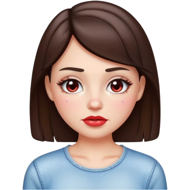“Emoji brunette girl white top, dewy skin, heavy blush across cheeks and nose bridge, glossy cherry lips, soft eyeliner, teary sparkling eyes like hanni from new jeans emoji
