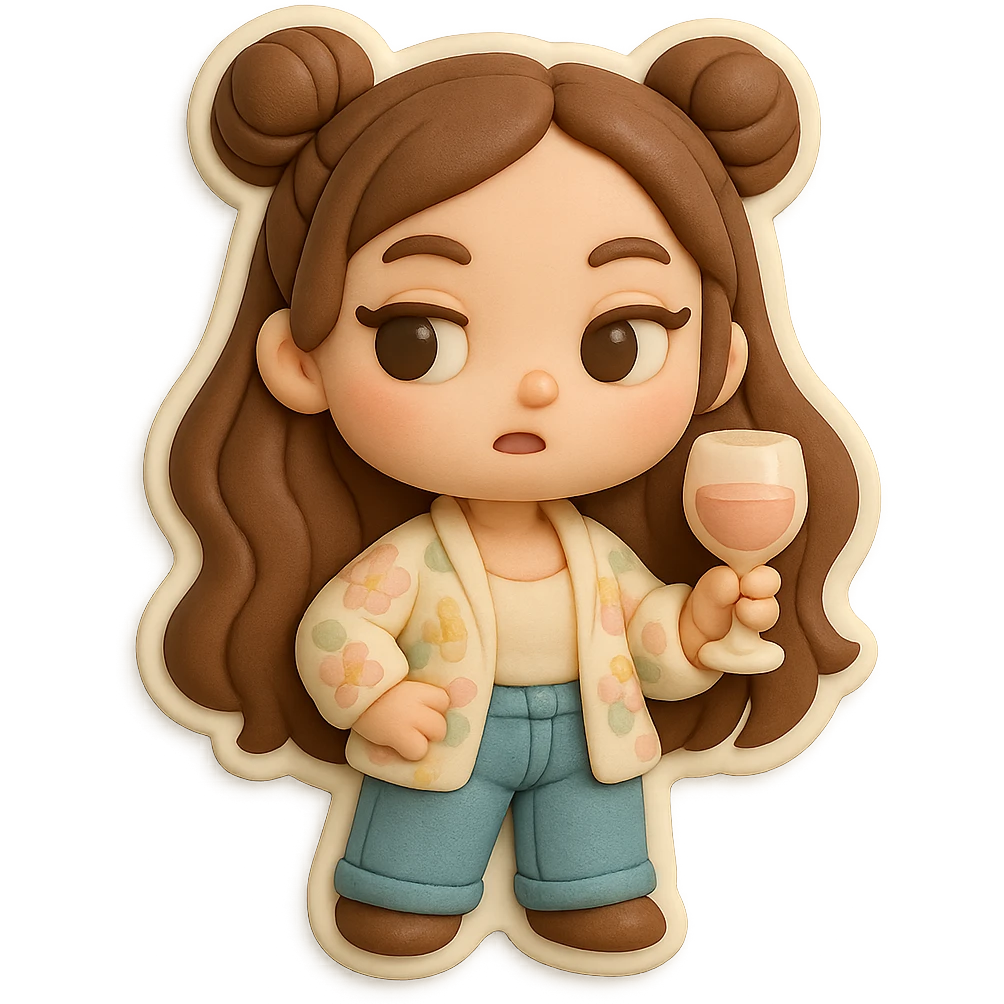 3D chibi girl fondant cake art style, high-quality rendering with smooth shadows and soft gradients, long brown hair in two space buns, brown eyes, jeans, pastel floral cardigan, thick white outline like a sticker, transparent background, holding a wine glass acting fancy and superior, preserve facial features from reference image emoji