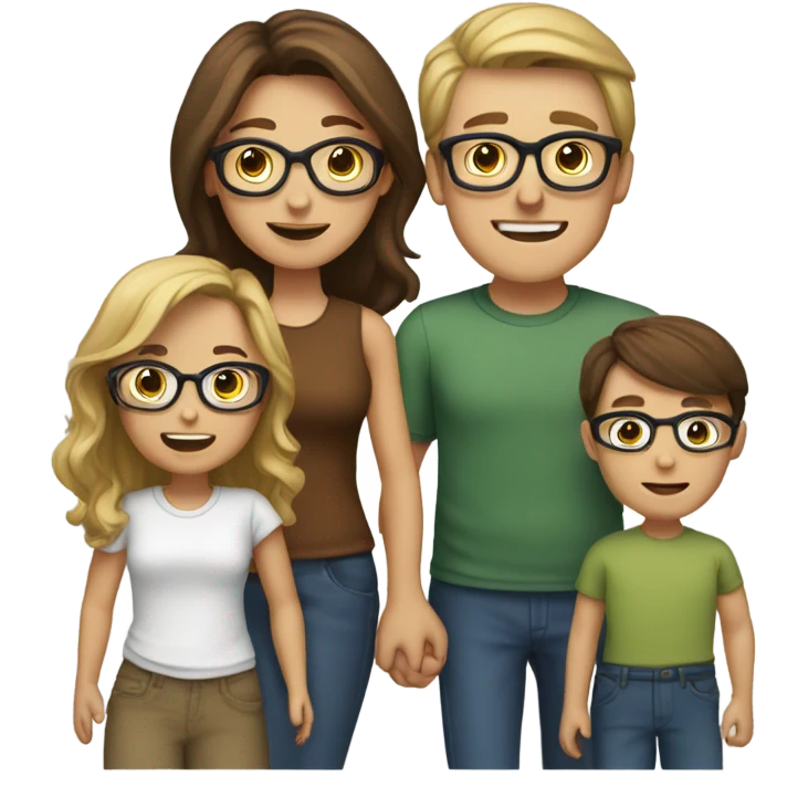 White family of 6, 1 mom with brown hair, 1 father with brown hair, 2 boys with Brown hair, 2 girls with glasses and long blond hair emoji