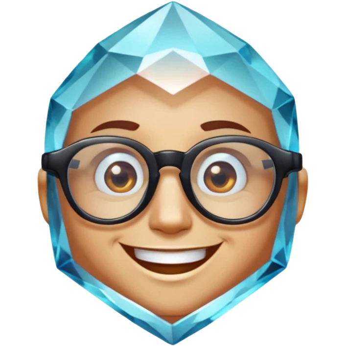 A single crystal gemstone character wearing glasses, chunky and irregular with faceted very sharp sides, smile, , high detail, emoji