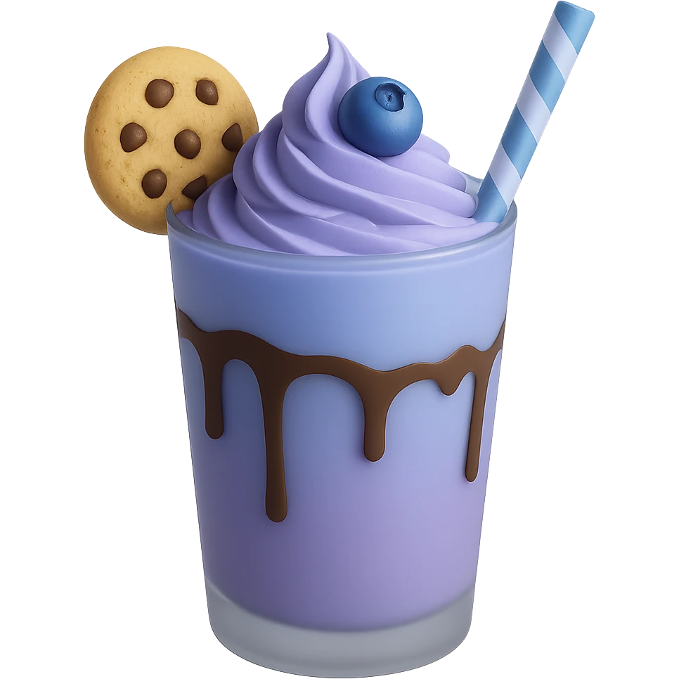Change the image to a blueberry milkshake theme using cool blue and purple tones. Keep the glass with chocolate drizzle, cookie on the rim, and blueberry on top. Remove the background. emoji