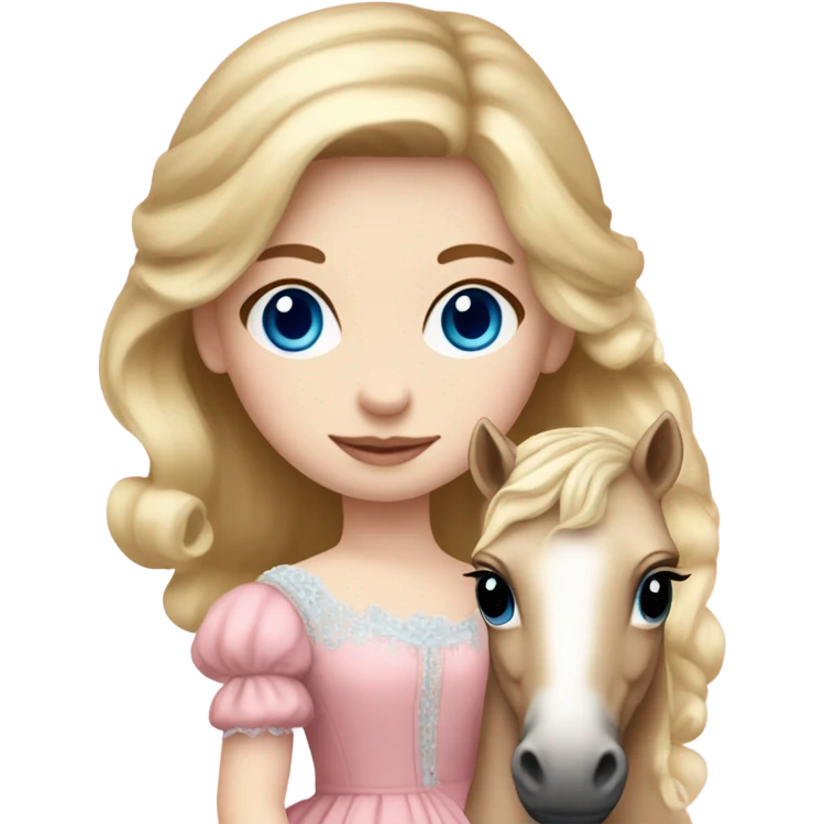 Blonde, pale skin, blue eyes girl wearing a pink dress cuddling her pony stuffed animal. She is from the Victorian era emoji