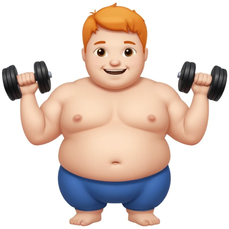 exaggerated and humorous chubby character with big dumbbells, white background emoji