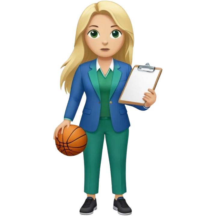 Full Body white plus size female basketball head coach using a clipboard with long blonde hair in a blue and green suit emoji