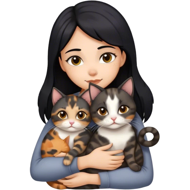 girl with black hair hugging three cats  (tortie cat, full gray cat, brown calico cat) emoji