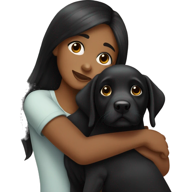 girl with very long black hair and dark skin hugging a black Labrador puppy emoji
