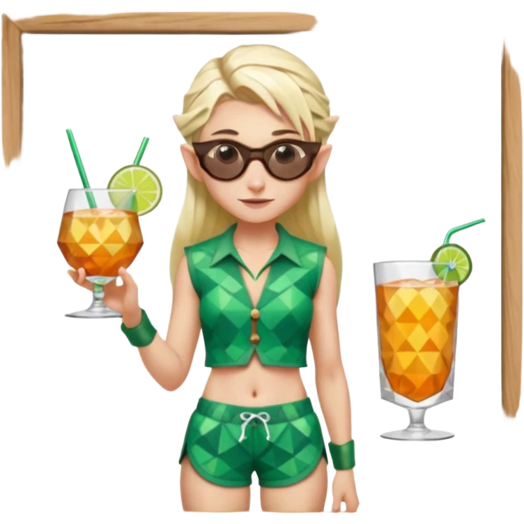 elf female legolas portrait, patterned board shorts (geometric/abstract), unique wooden-framed sunglasses, undercut hairstyle, slight smirk, visible pointy ears, no background, centered emoji, hipster summer vibe coctails  emoji