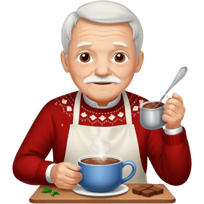 A gentle old man in a festive sweater and a white apron, stirring a pot of rich hot chocolate. emoji