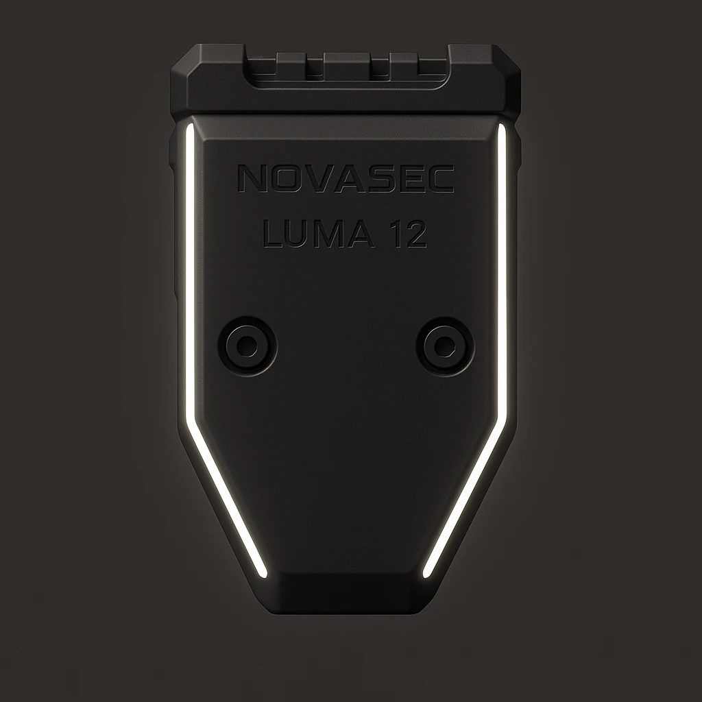 Add a thin white LED light strip along each side of the device, keeping the rest of the design unchanged. Maintain the technical, orthographic back view of the NOVASEC LUMA 12 underbarrel attachment in a detailed, technical style. emoji