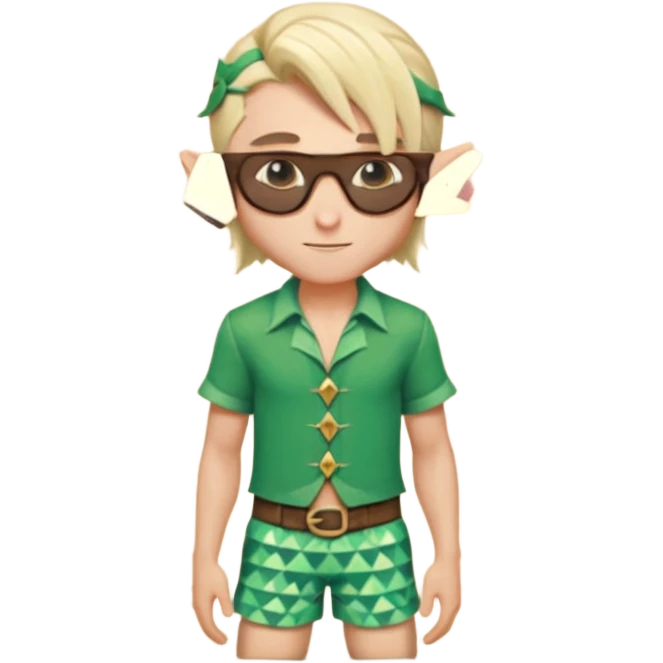 elf male legolas portrait, patterned board shorts (geometric/abstract), unique wooden-framed sunglasses, undercut hairstyle, slight smirk, visible pointy ears, no background, centered emoji, hipster summer vibe emoji