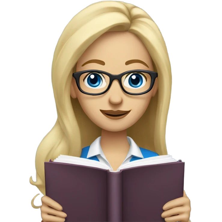 Woman teacher blonde long flowing hair glasses blue eyes with book emoji