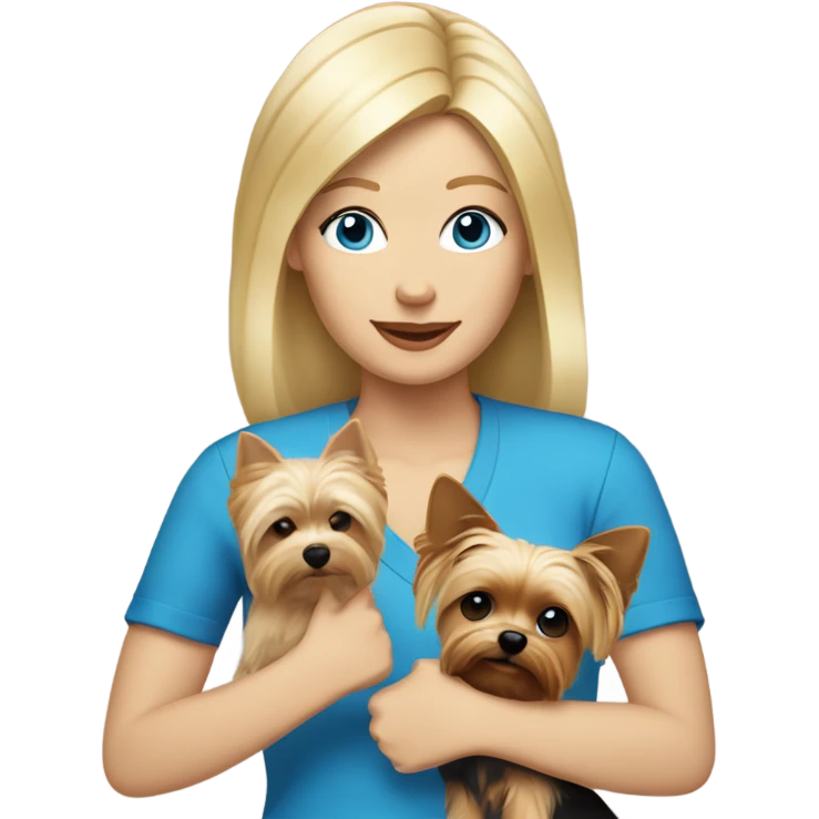 White woman with blonde hair and blue eyes holding yorkie dog with a peace sign  emoji
