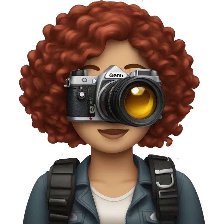 white girl photographer with dark red curly hair and Canon camera emoji