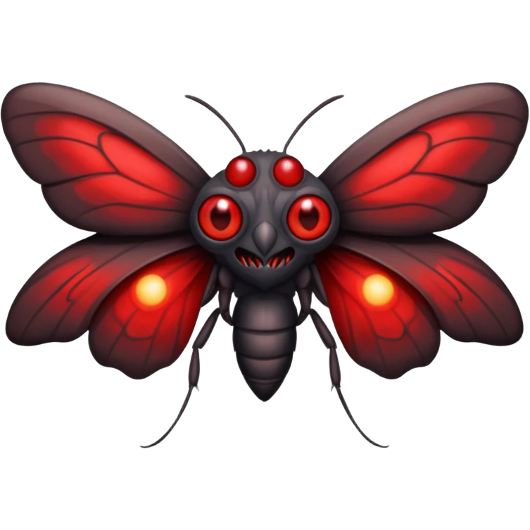 Create a scary emoji of the Mothman from point plesant west virginia with bright red eyes and as depicted in the legend. Make it less bird like and more Moth / Human hybrid emoji