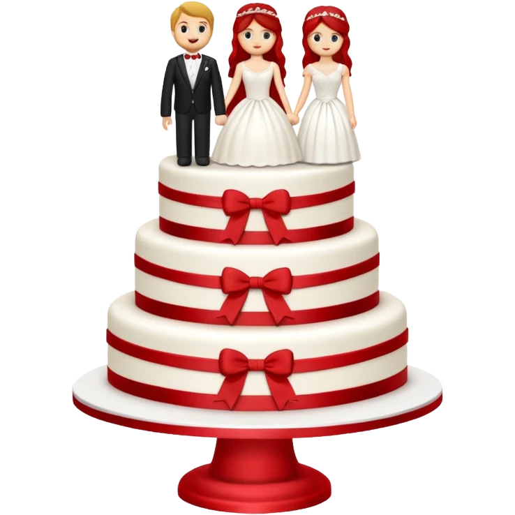red wedding cake with bride and groom toppers emoji