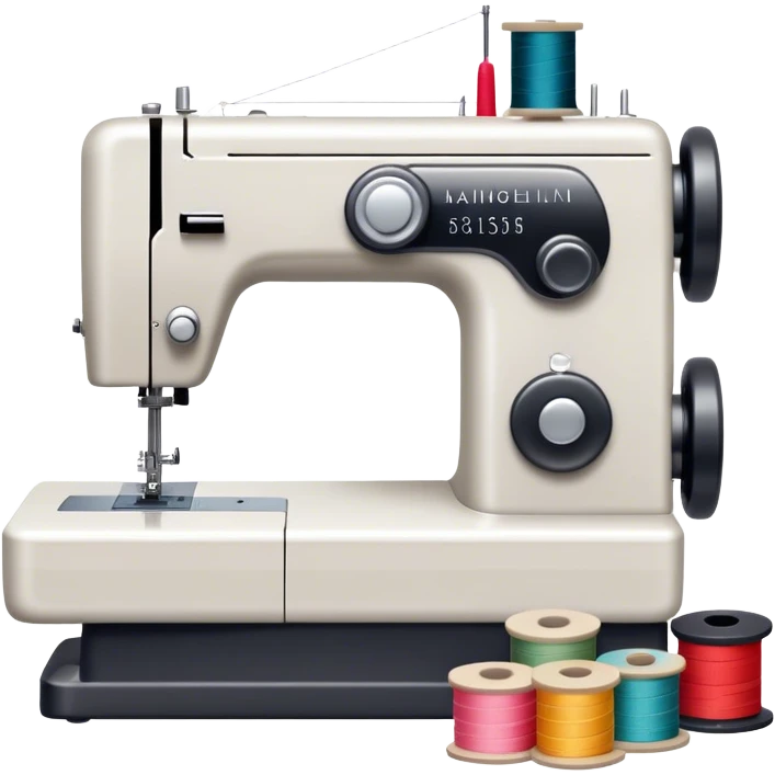 Sewing icon, sewing machine with thread, visible needle, spools of thread, fabric pieces cut according to patterns, measuring tape, pins, scissors, and dresses on mannequins, minimalistic style, clean lines, transparent background. emoji
