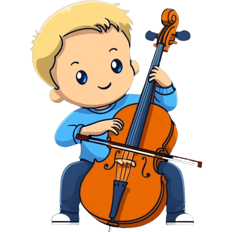 White boy with blonde hair and blue eyes in concert black playing the cello emoji