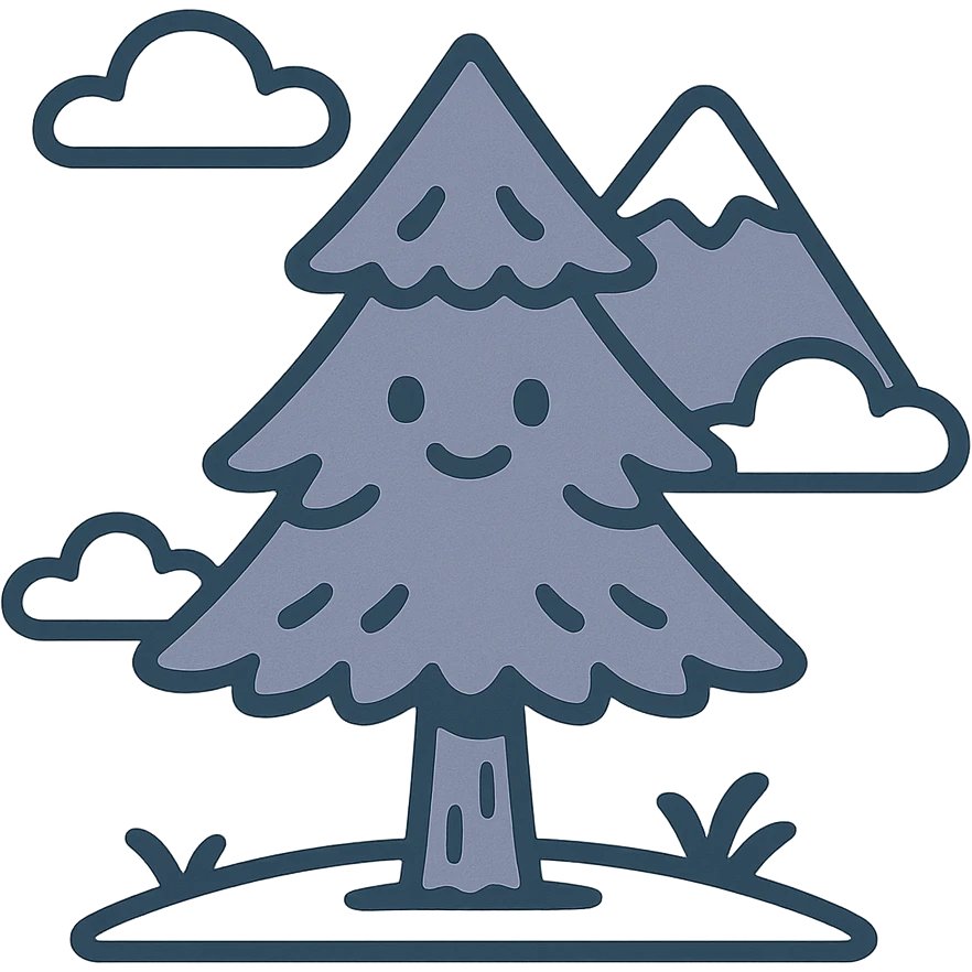 simple single evergreen tree with clouds and mountain in folk art style, dark neutral forest colors, suitable for favicon or emoji emoji