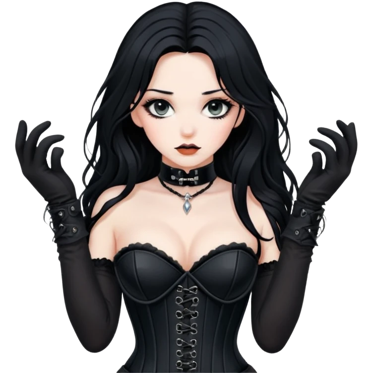 A girl with messy, long, black hair, black gloves also wearing a black corset, a black choker and a black bra emoji