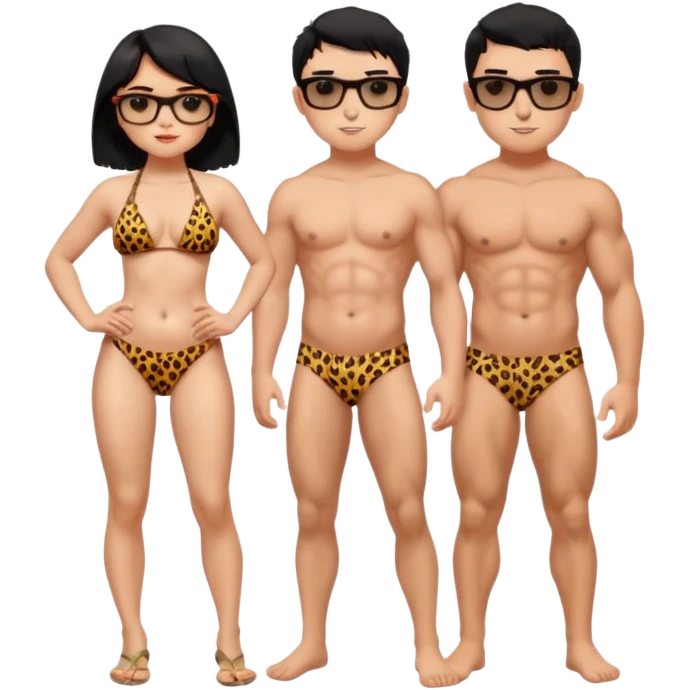 black haired girl with big boobs with shades on... wearing a cheetah print bikini standing with a boy with black hair wearing glasses and shirt less emoji