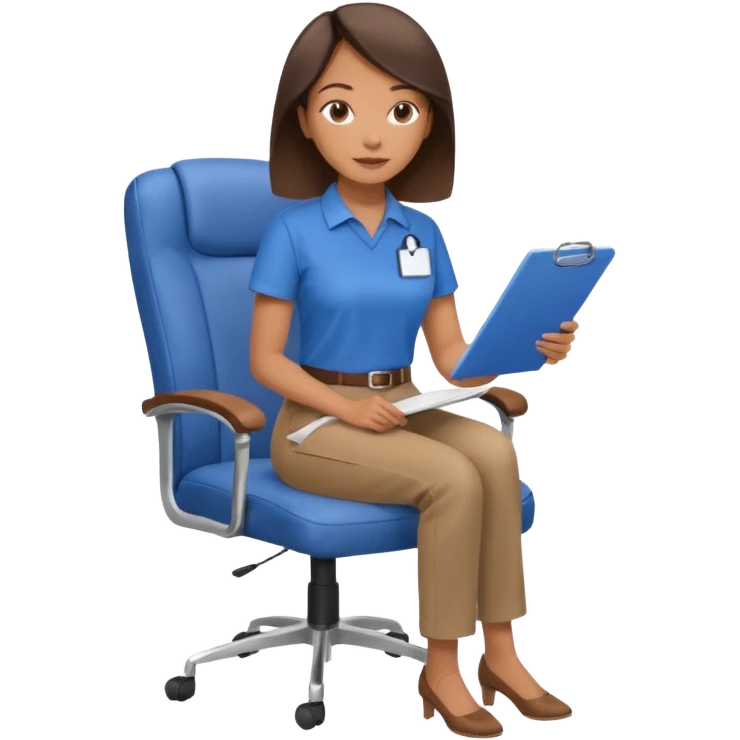Generate an emoji of a female AI ethicist in blue shirt brown pant sitting in a chair and has a checklist stating AI ethics elements like stop bias, fairness score emoji