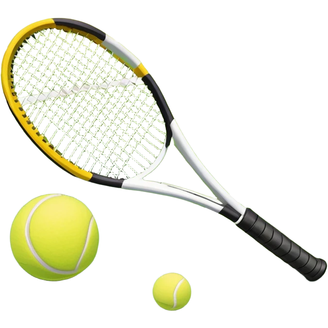 A tennis racket and ball placed on the grass court, with the lines of the court clearly visible in the background. The scene captures the essence of the sport, highlighting the equipment and the vibrant, open atmosphere of a tennis match emoji