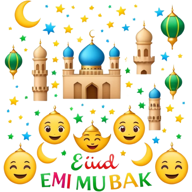 Beautiful emojis around with Eid Mubarak written in the middle emoji