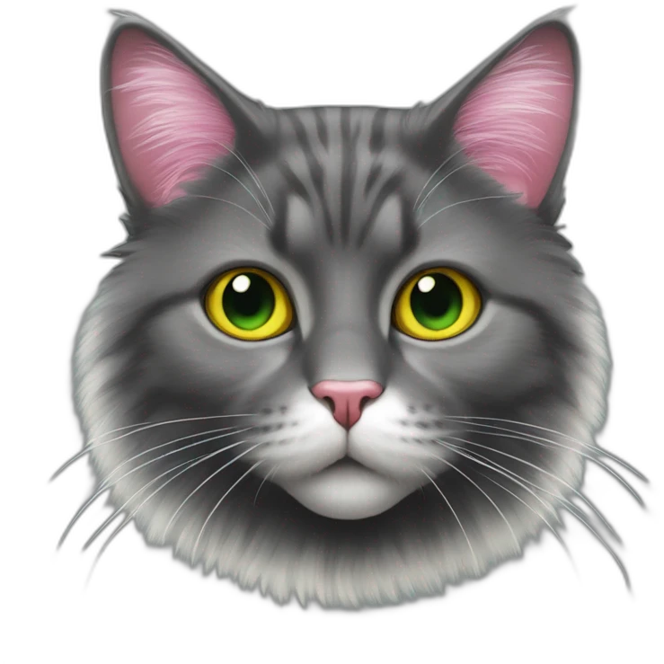 fluffy dark grey cat with pink nose, white round spots near the nose, yellow-green eyes and white long whiskers emoji