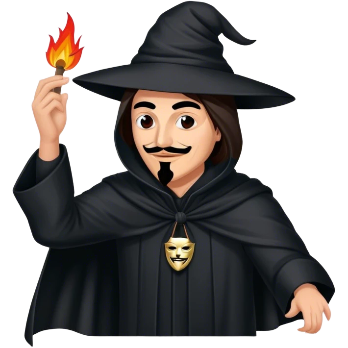 AOC in a black cloak taking off off a guy fawkes mask emoji