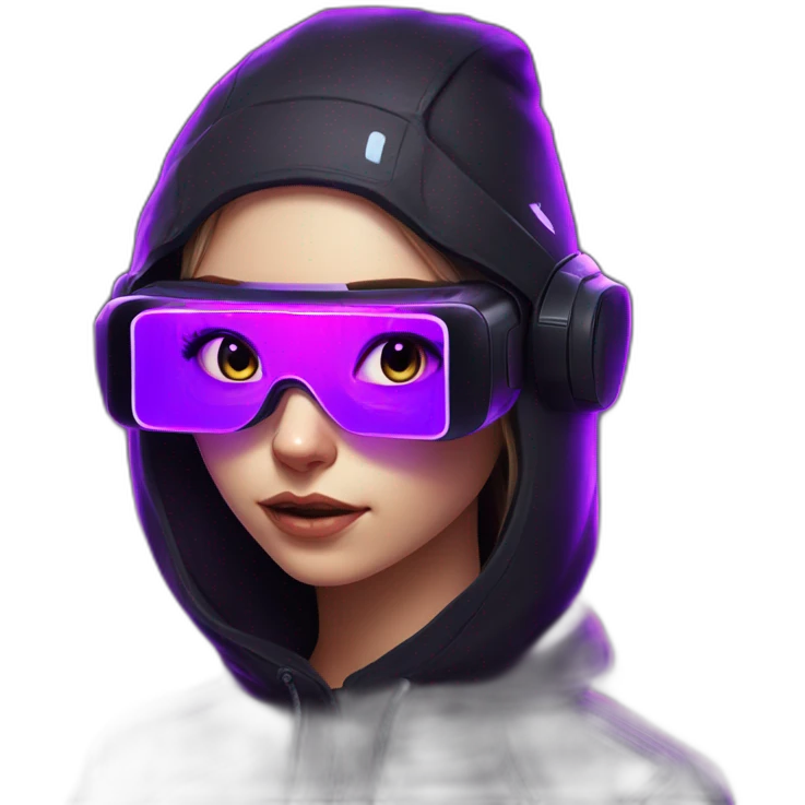 Russian girl wearing black hoody with violet letters "OMG", in vr headset. Cyberpunk style. Violet neon. emoji