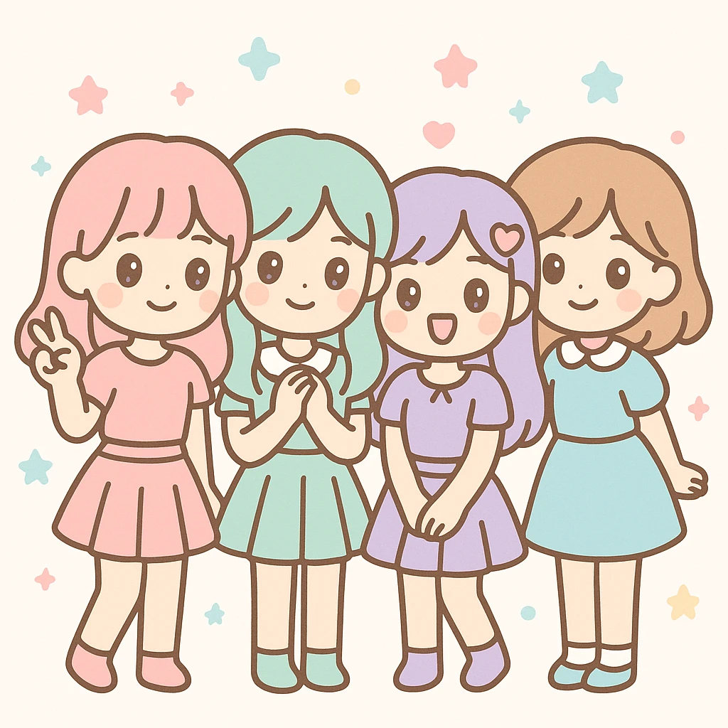 a kpop group, pastel coordinated outfits, cute pose, kawaii style emoji