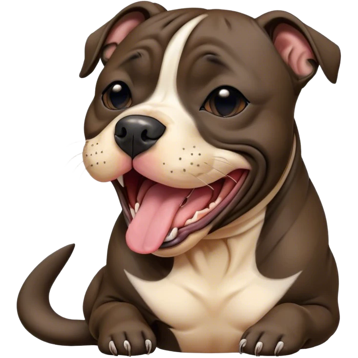 Cinematic Cute Yawning Black/Brindle Staffordshire Bull Terrier Portrait Emoji, Head tilted slightly with a dramatic, wide-open yawn, showcasing a smooth Fur with a striking black and brindle pattern, floppy ears slightly drooping, round dark eyes barely open in drowsy contentment, Simplified yet irresistibly adorable features, highly detailed, glowing with a soft, cozy glow, high shine, relaxed yet expressive, stylized with a touch of whimsy, bright and endearing, soft glowing outline, capturing the essence of a sleepy yet affectionate guardian, so drowsy it feels like it could stretch right out of the screen and curl up for a nap! emoji