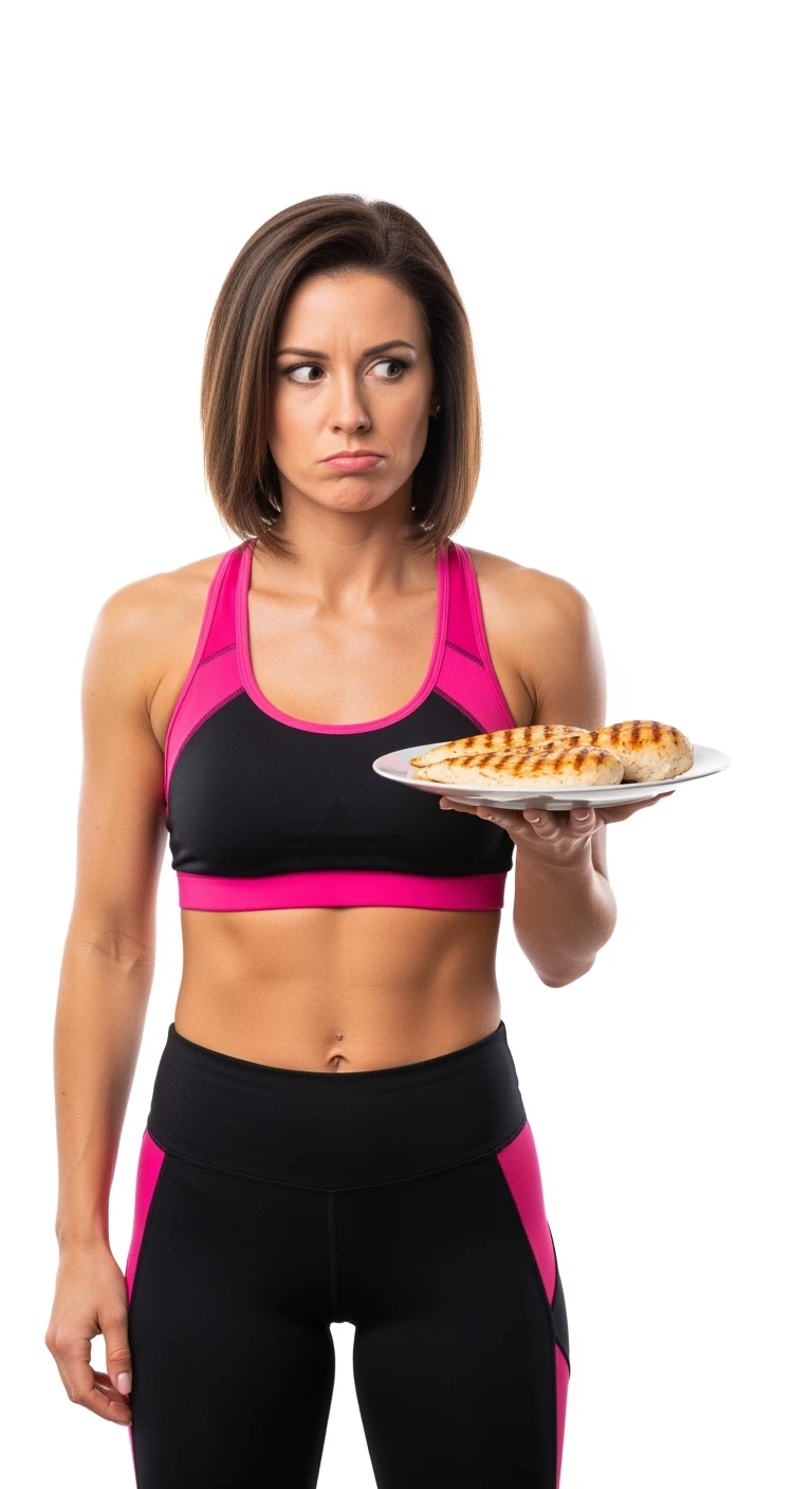 DONNA fitness CHE TIENE UN PIATTO DI PETTO DI POLLO GRIGLIATO IN MANO E LO GUARDA DUBBIOSO, ISOLATO SU SFONDO BIANCO emoji