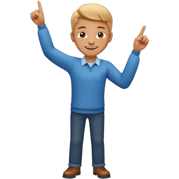 emoji of a cheerful cartoon person pointing down at the ground with both hands — standing straight, smiling confidently, arms bent and both index fingers extended downward — simple background, bright lighting, clean expressive Apple emoji design, playful and clear “here” meaning emoji