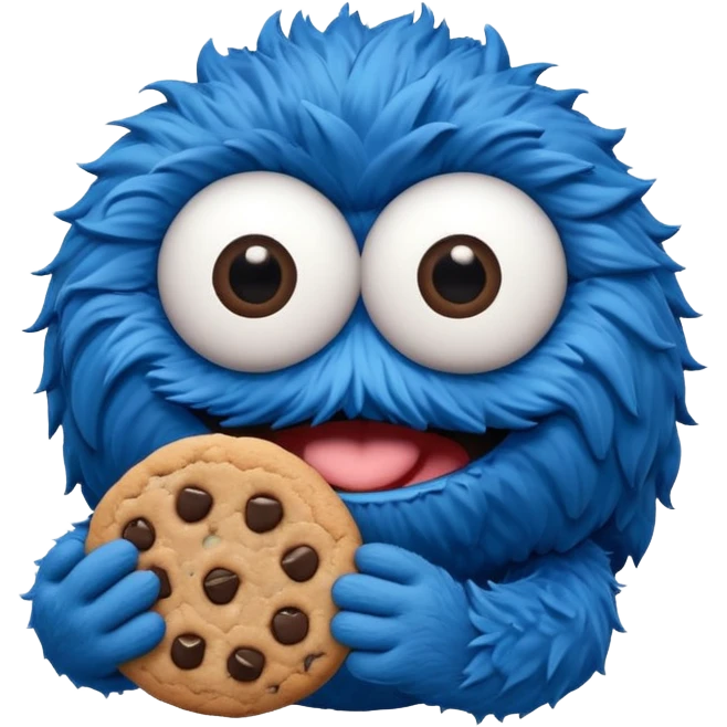 cookie monster, vibrant blue fur, big googly eyes, holding a cookie, playful expression, simple background emoji