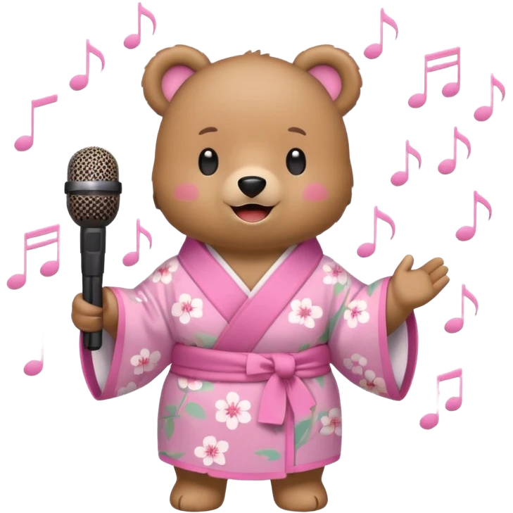 A cute light-brown bear wearing a pastel pink sakura-patterned kimono, normal balanced body ratio.  
Holding a microphone and singing happily, music notes floating around and a bright joyful smile.  
Kawaii emoji style, minimalistic clean sticker illustration, white background. emoji