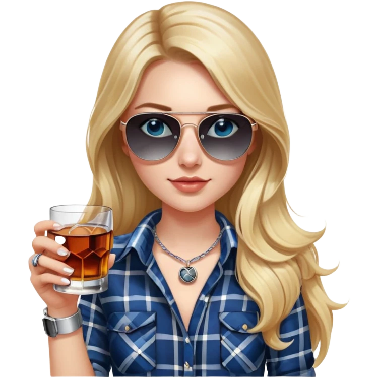 girl with long blond hair, wearing black and white plaid shirt, with blue eyes and aviator sunglasses, wearing a ring on her silver necklace around her neck, holding a glass of whiskey, wearing rose gold apple watch emoji